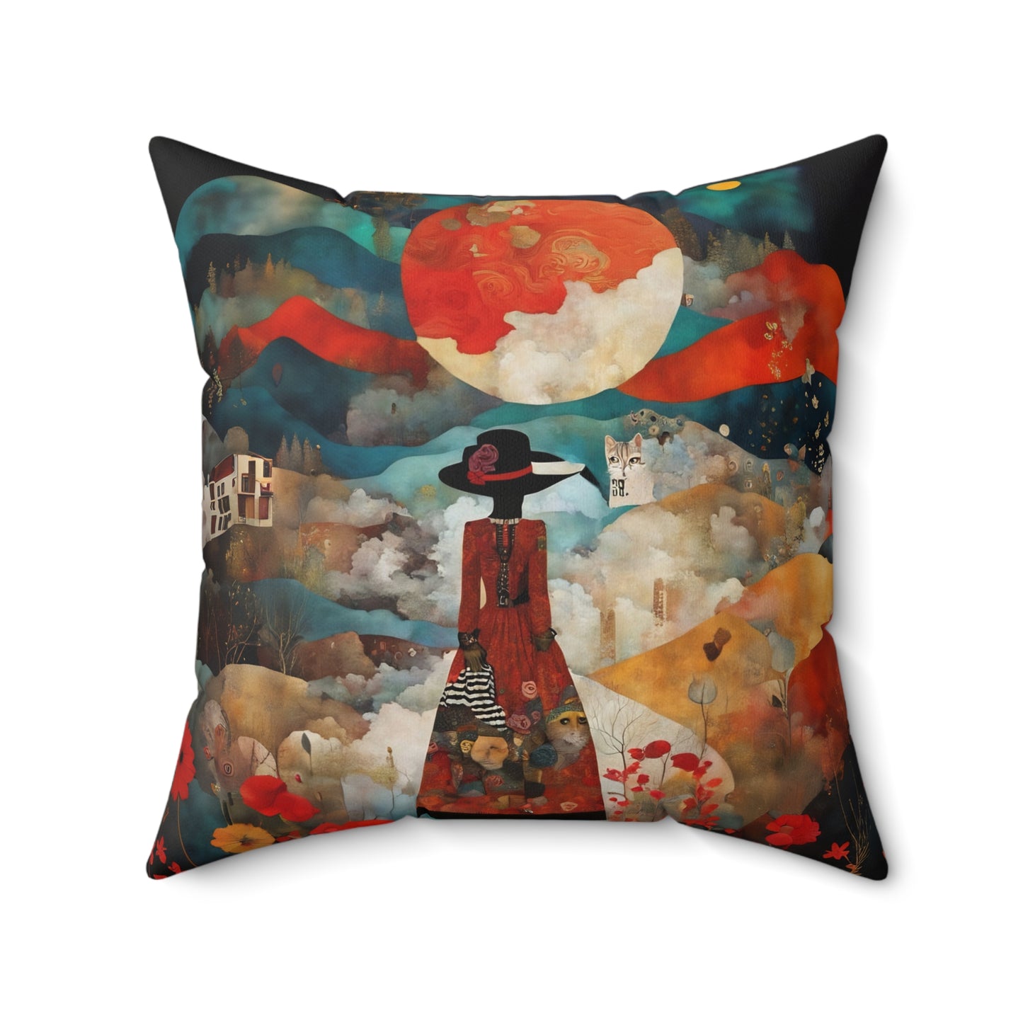 Moon struck/Red poppies Square Pillow - by Fairyhill Studio