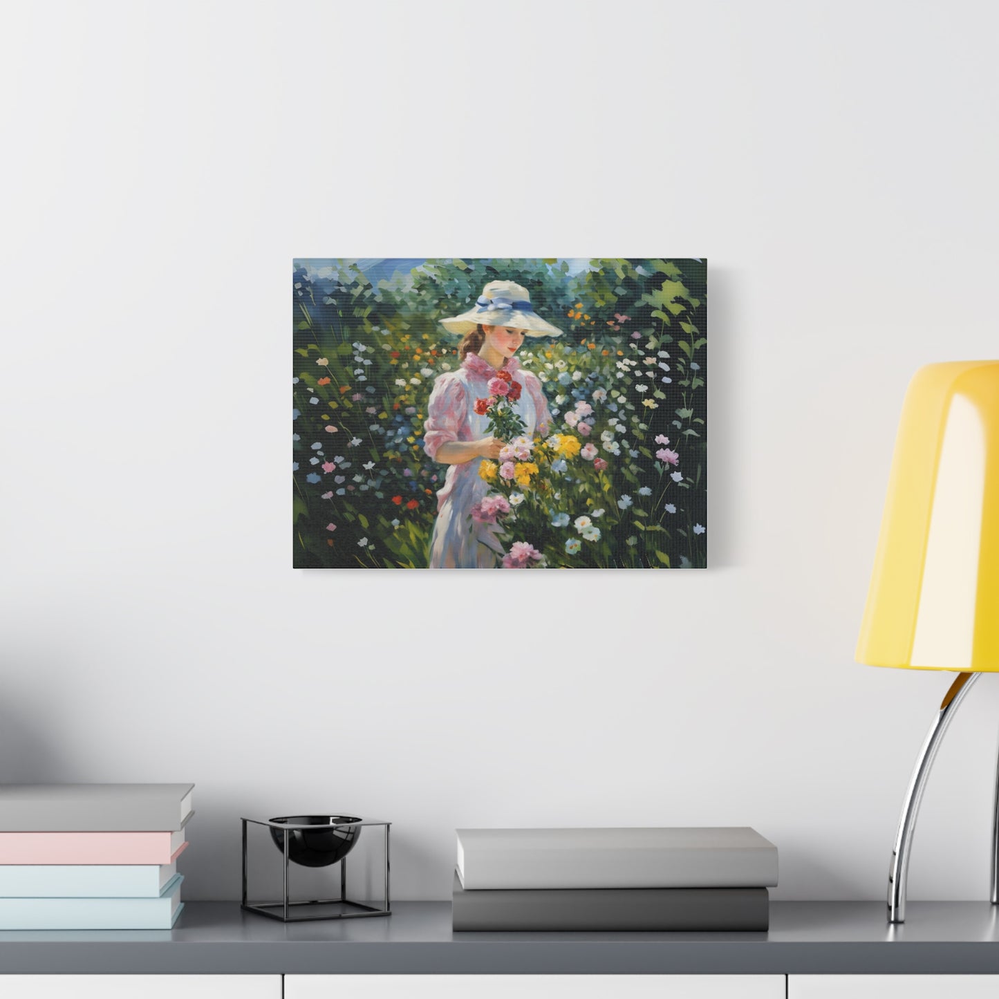 Canvas Art - Monet Style Floral Serenity with Elegant Woman and Flower Basket, Stretched Matte 1 25"