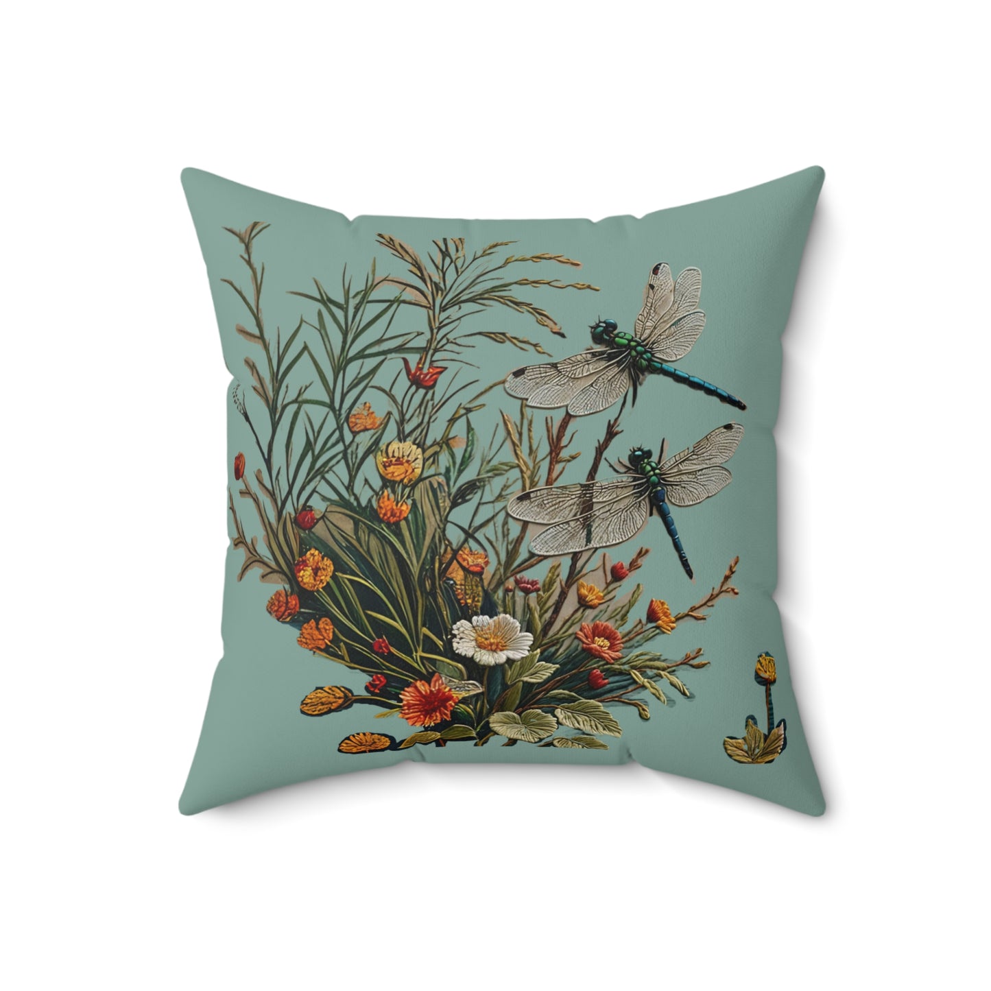 Square Pillow - Dragonflies on a Blue Pond with flowers Art by Fairyhill Studio
