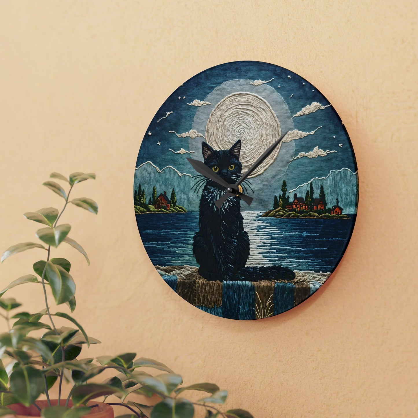 Acrylic Wall Clock - Black Cat Sea Moonlight Art by Fairyhill Studio