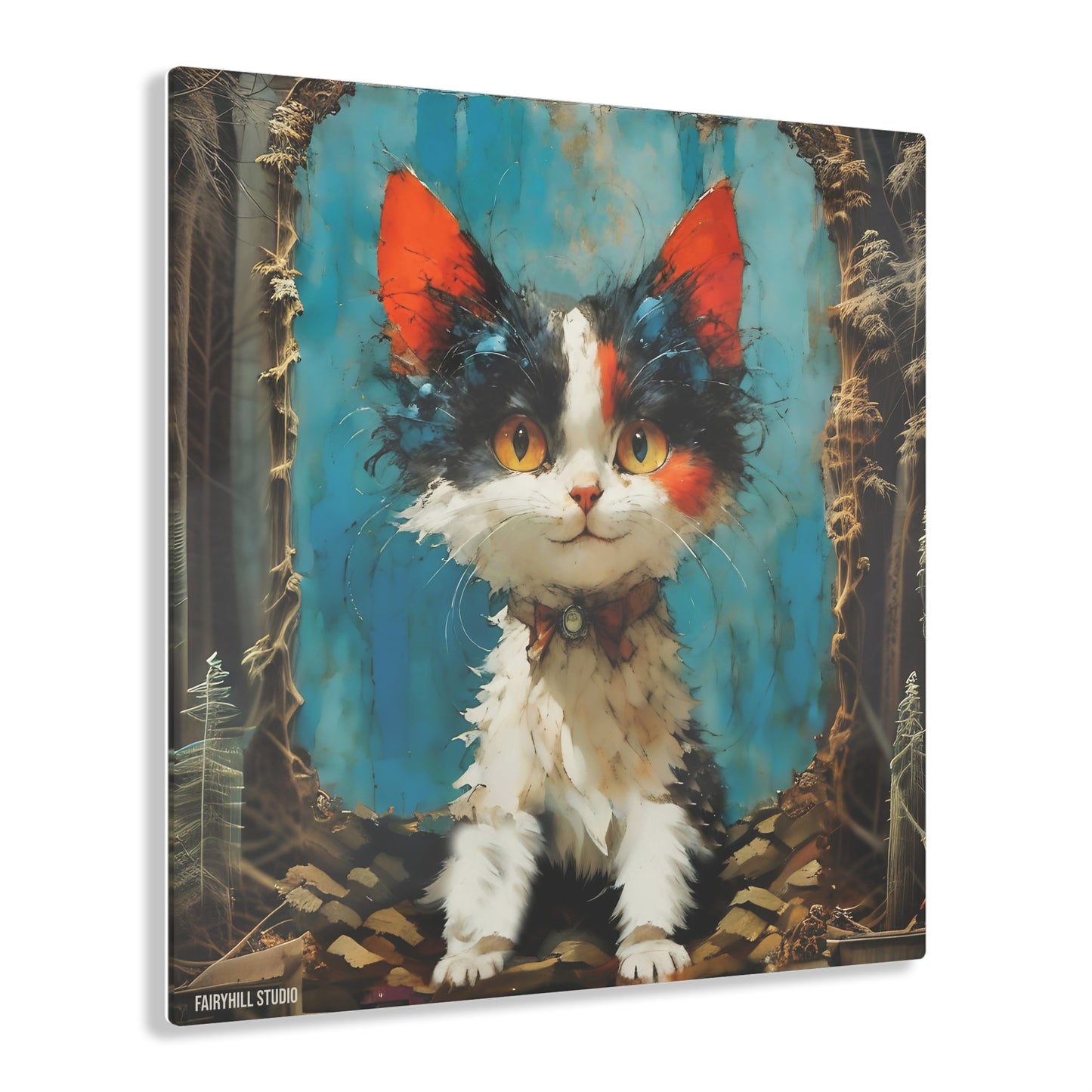 Acrylic Print - Colorful Eared Cat on Blue Background Wall Art Decor
