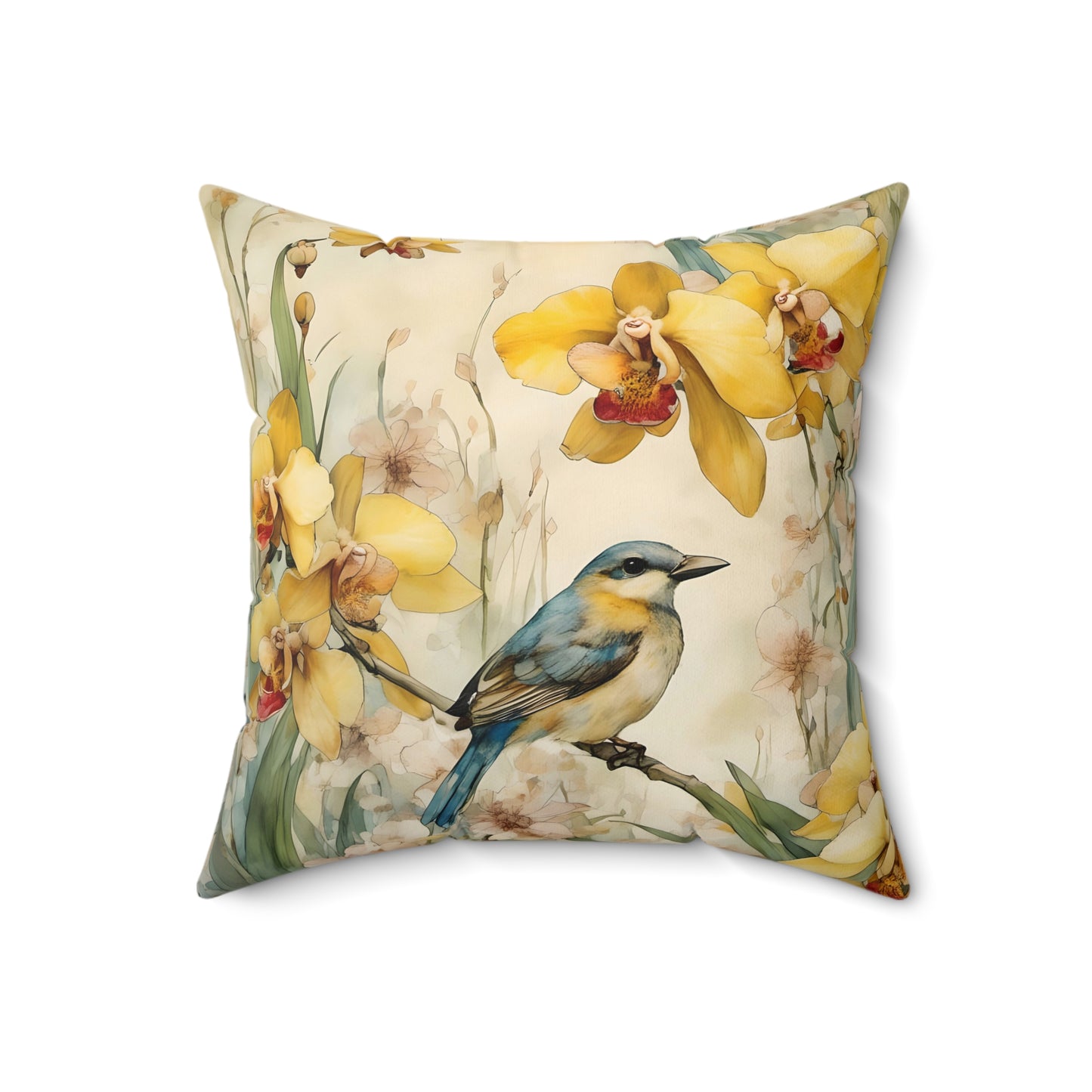 Square Pillow Blue Bird Yellow Flowers Summer Art Throw Pillow
