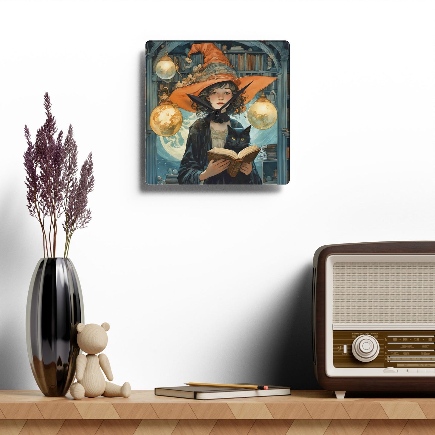 Acrylic Wall Clock - Witch and Black Cat Reading Book Art by Fairyhill Studio