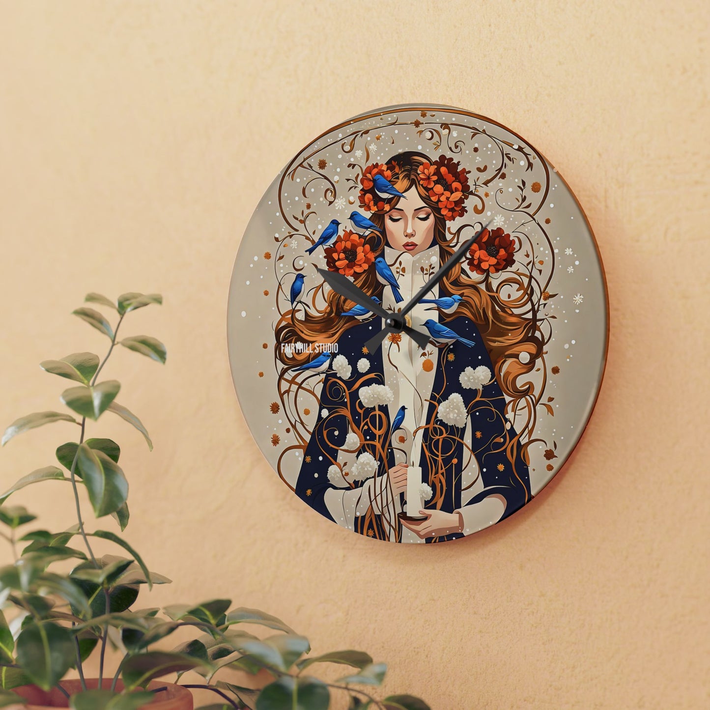 Acrylic Wall Clock - Blue Birds in Winter