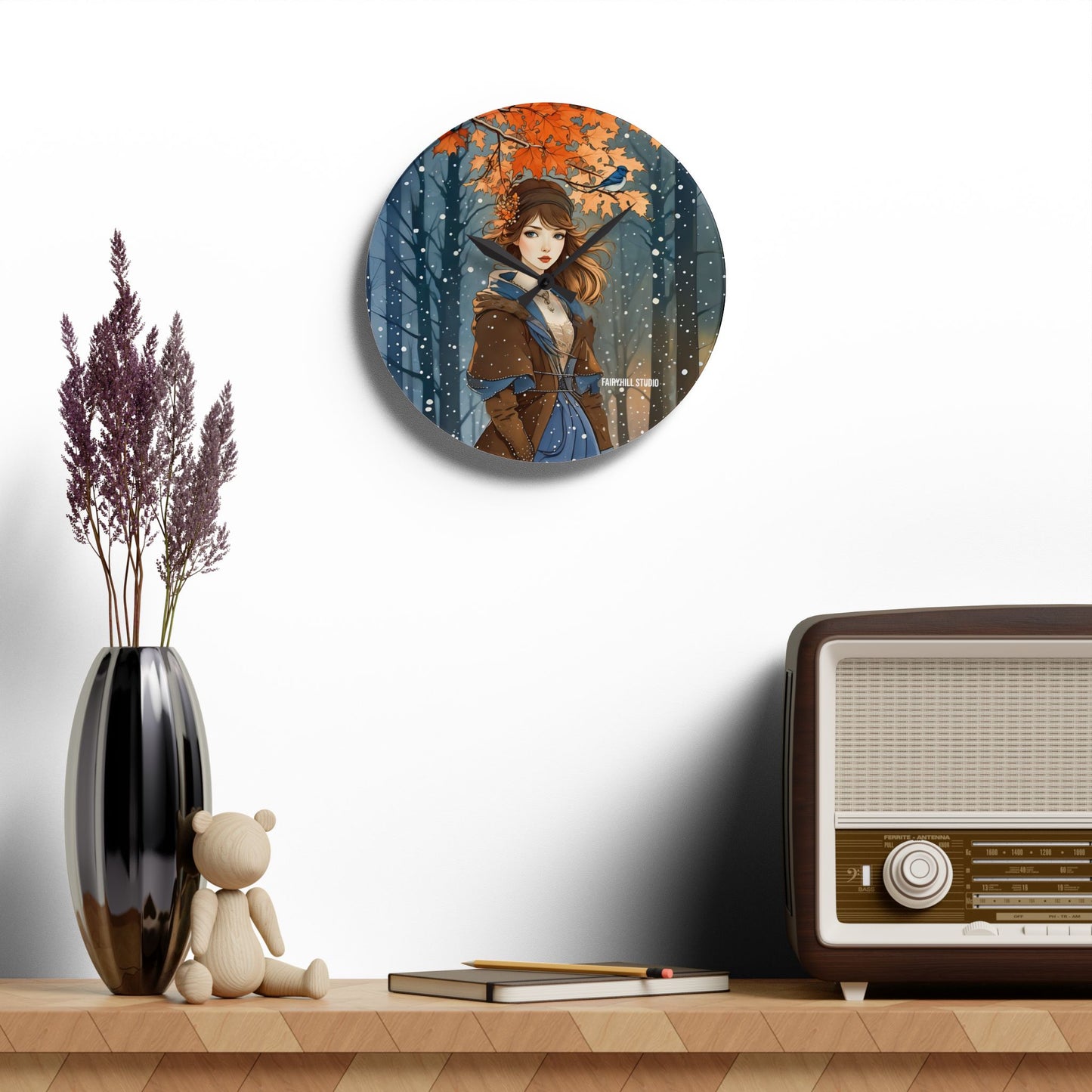 Acrylic Wall Clock - Blue Bird and Girl in Winter Clothing - Autumn to Winter Snow Theme