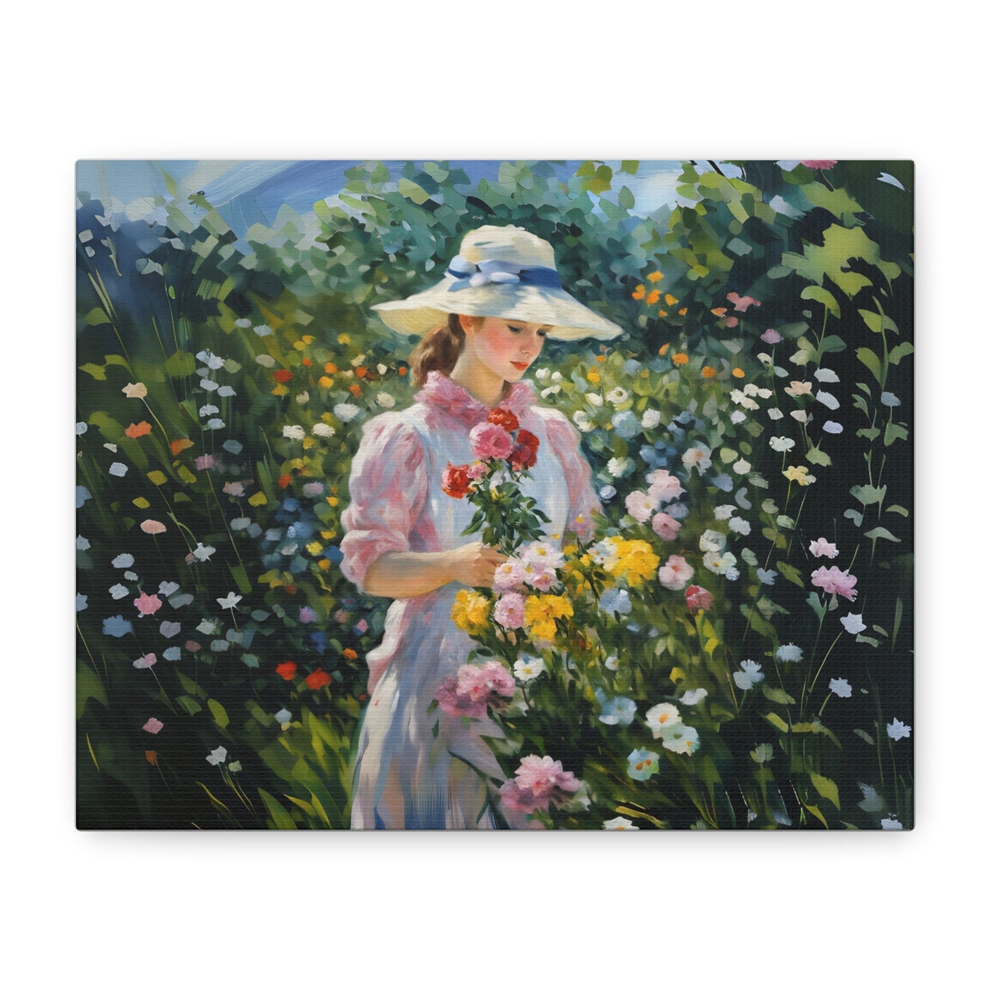 Canvas Art - Monet Style Floral Serenity with Elegant Woman and Flower Basket, Stretched Matte 1 25"