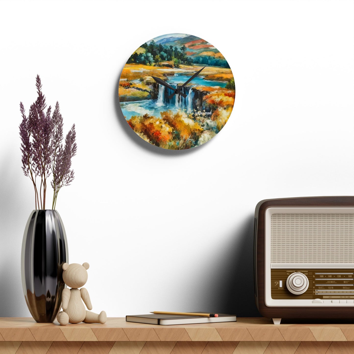 Wall Clock - Village by the Pond Watercolor Art Design