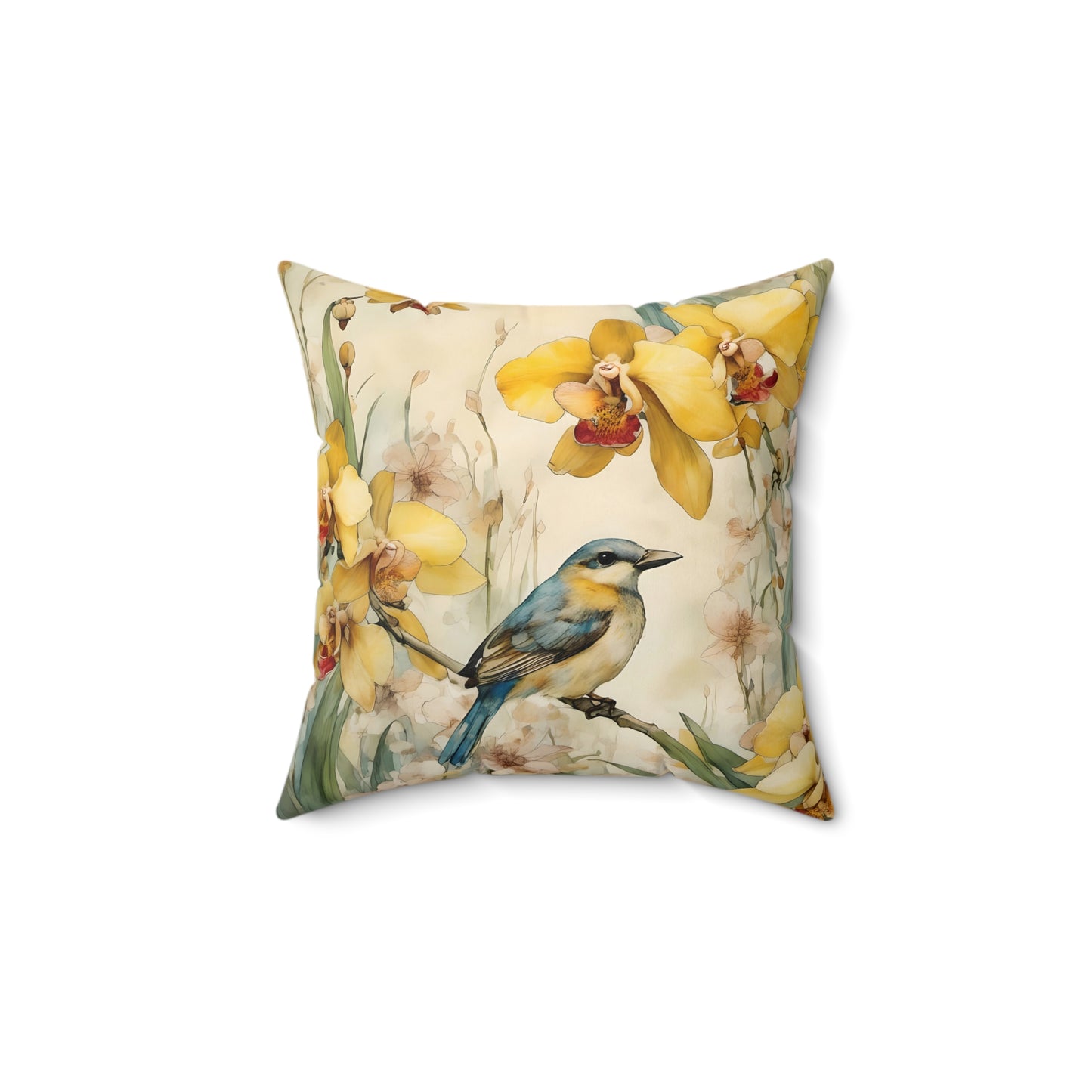 Square Pillow Blue Bird Yellow Flowers Summer Art Throw Pillow