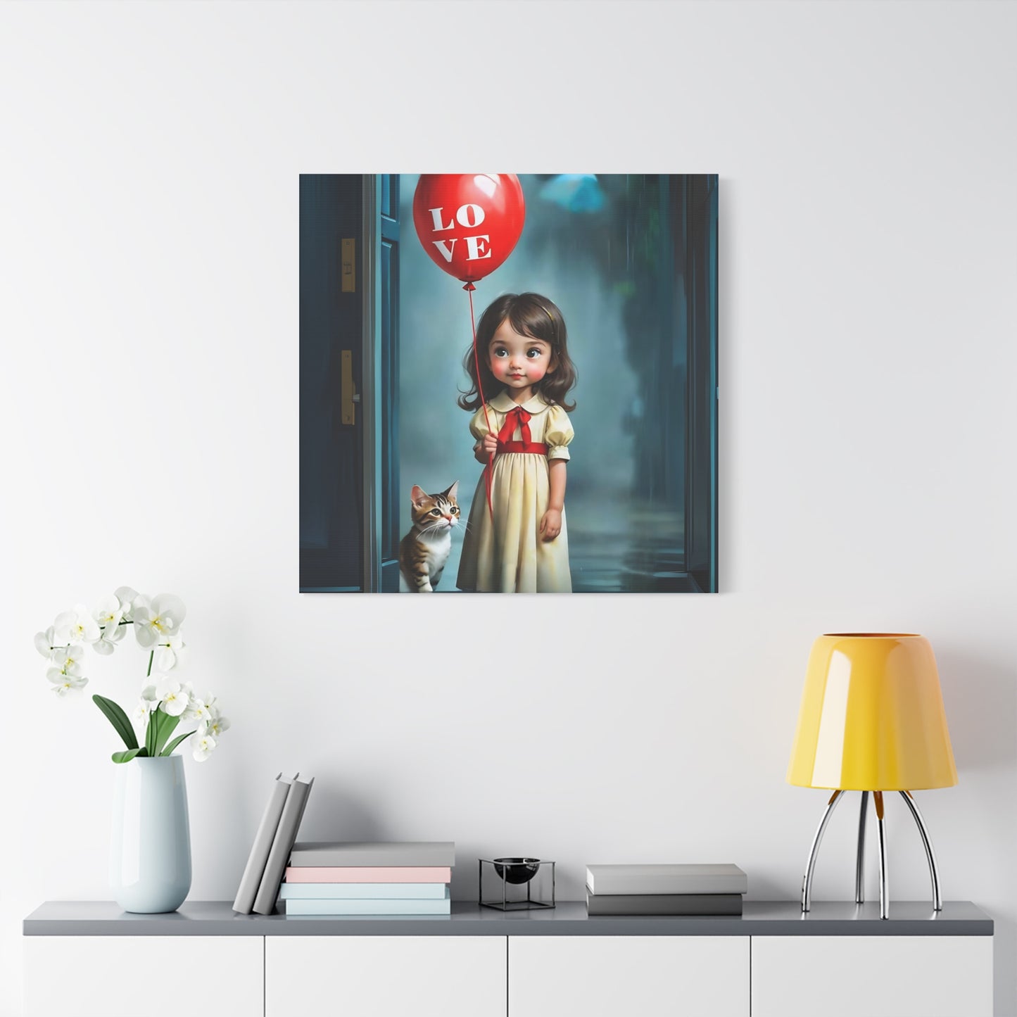 Canvas Print - Cute Girl with Red Love Balloon and Cat Art by Fairyhill Studio