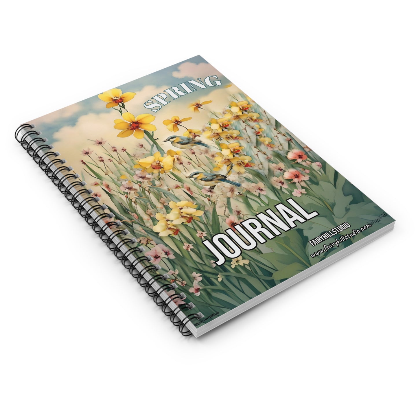Floral Journal - Ruled Line with Yellow Spring flowers and Bird Art by Fairy Hill Studio