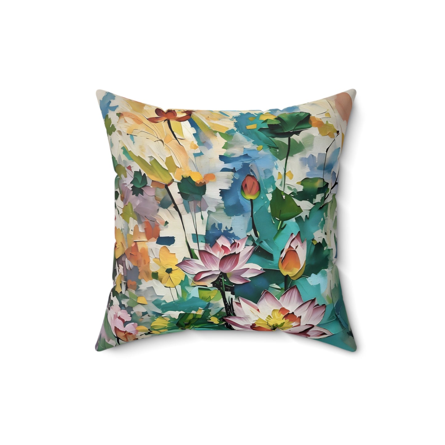 Square Pillow Monet Style Lotus Flowers Art by Fairyhill Studio