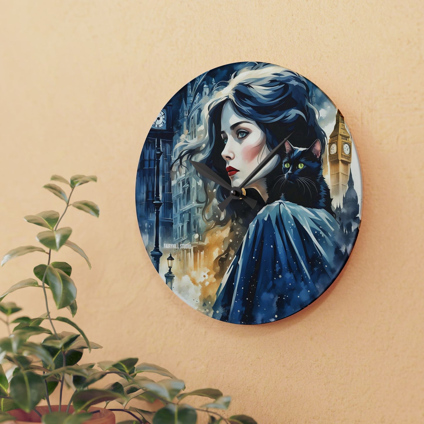Acrylic Wall Clock - Woman with cat london Art