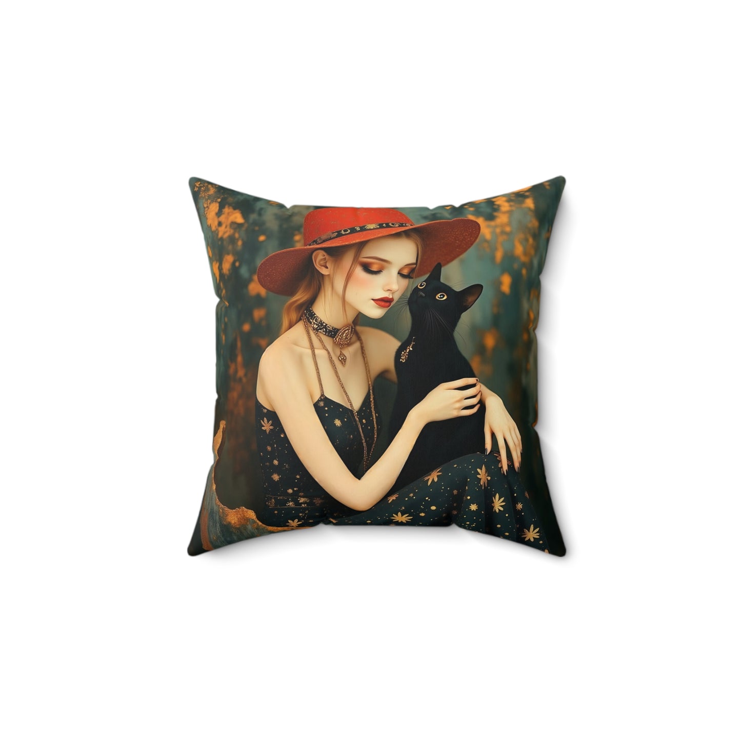 Girl with black cat  Square Pillow - by Fairyhill Studio