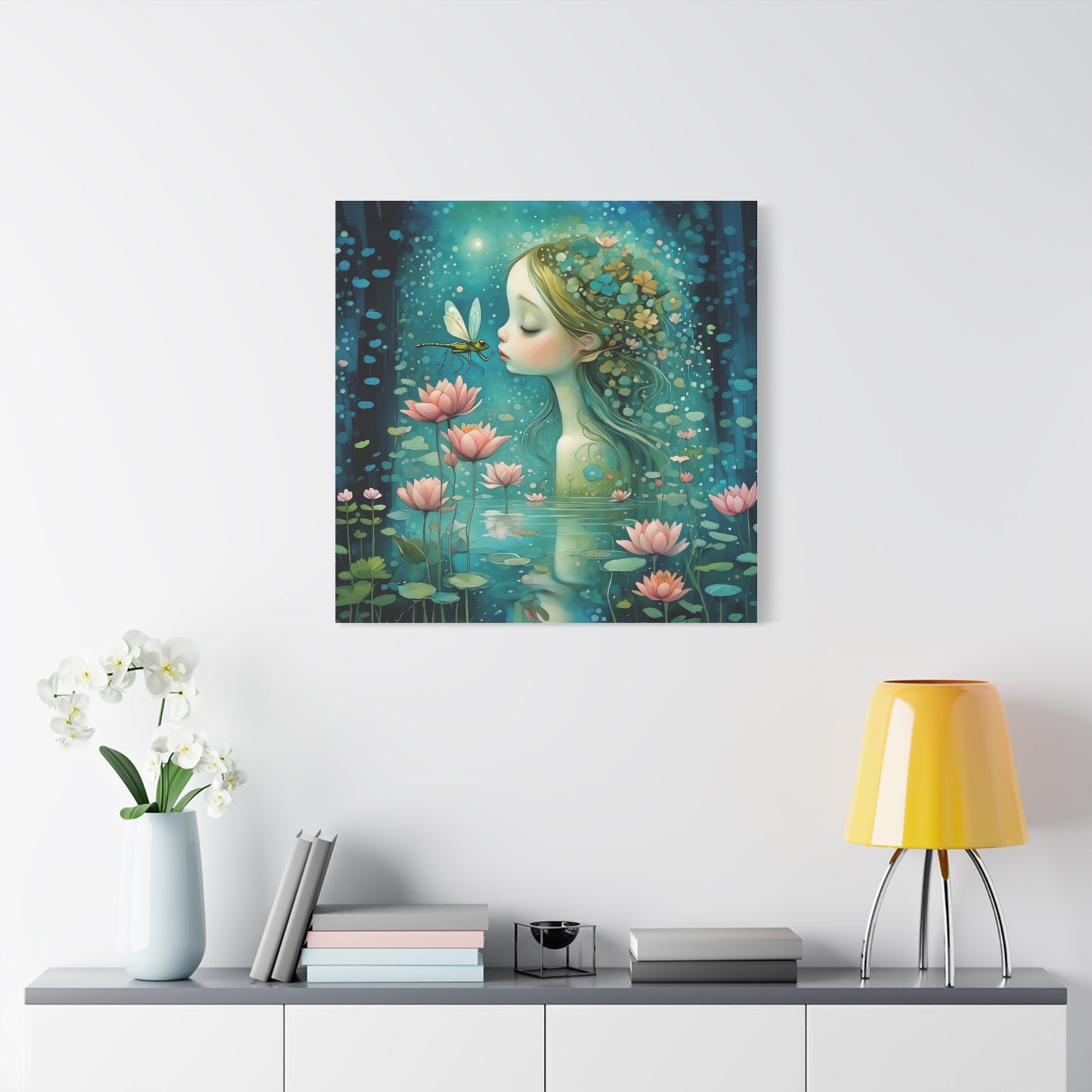 Whimsical Water  Fairy with a dragonfly Canvas Art - Enchanting Home Decor for Nature Lovers