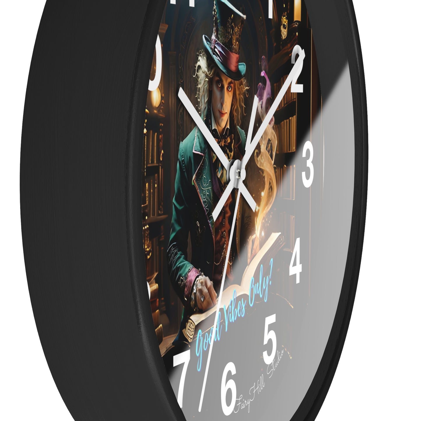 Whimsical Wall Clock - Good Vibes Only, Mad Hatter in a  Library Design