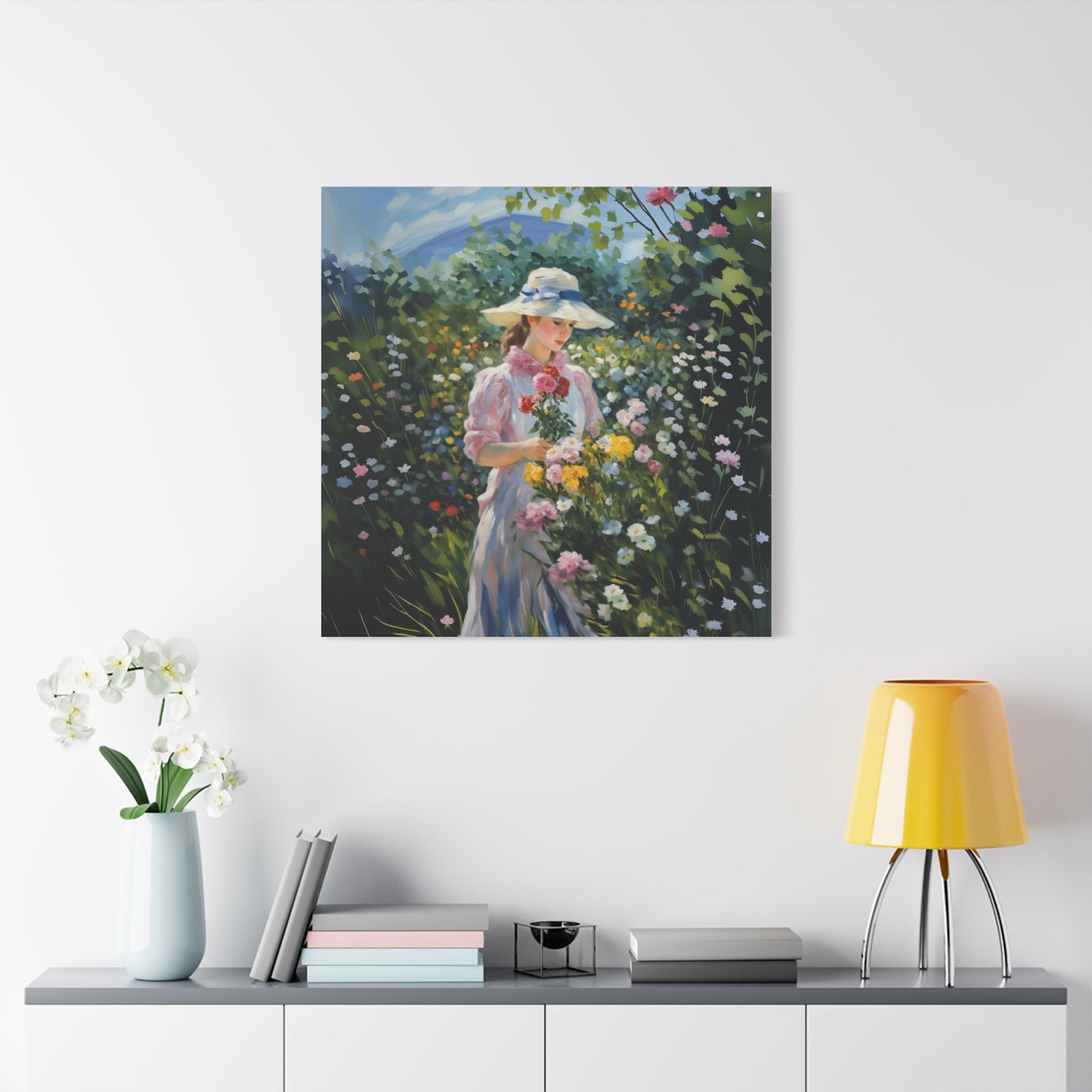 Canvas Art - Monet Style Floral Serenity with Elegant Woman and Flower Basket, Stretched Matte 1 25"