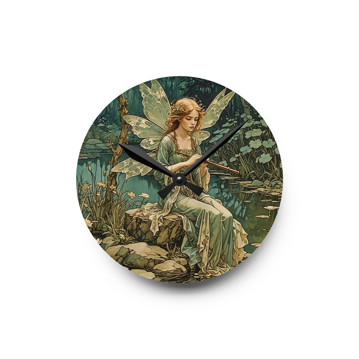 Acrylic Wall Clock - Mystical Fairy Nymph Playing Flute