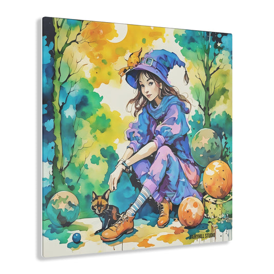 Acrylic Print - Witch in Purple Hat and Dress with Cat and Inspirational Art Design