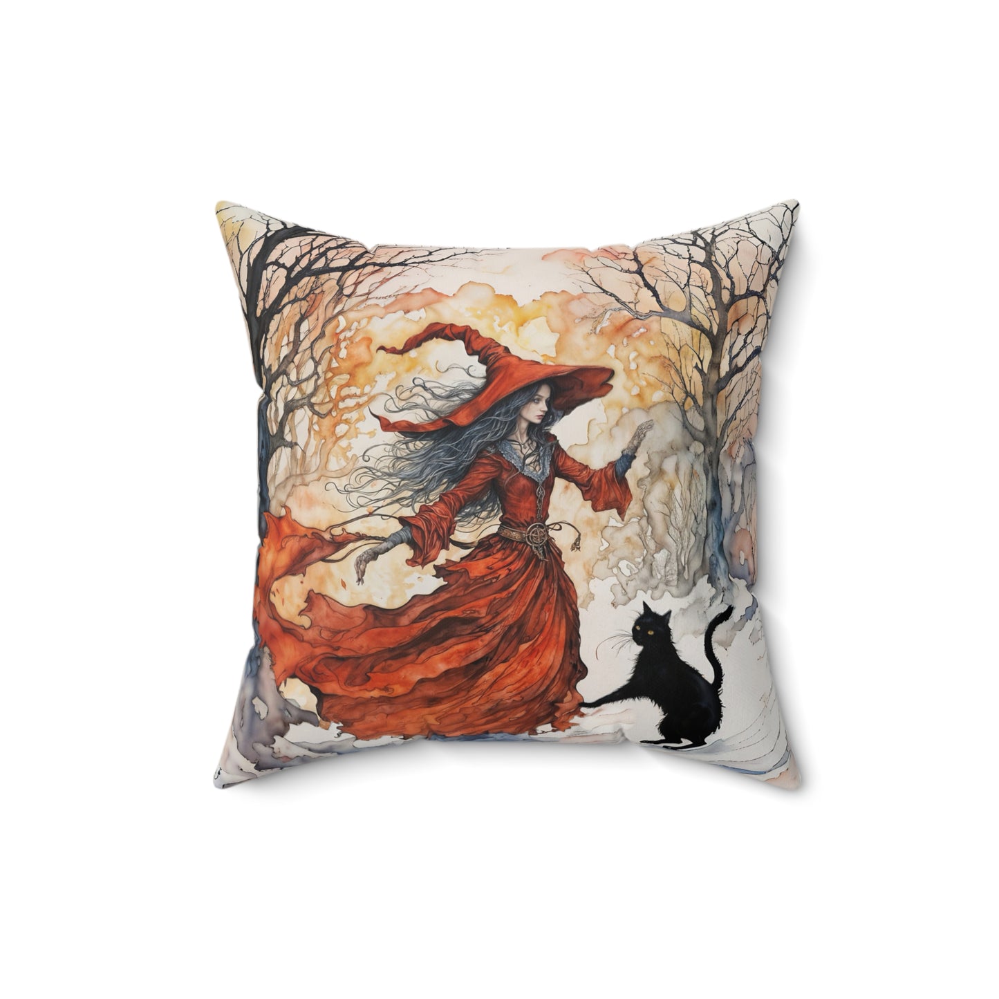 Crimson witch with black cat pillow  Square Pillow - by Fairyhill Studio
