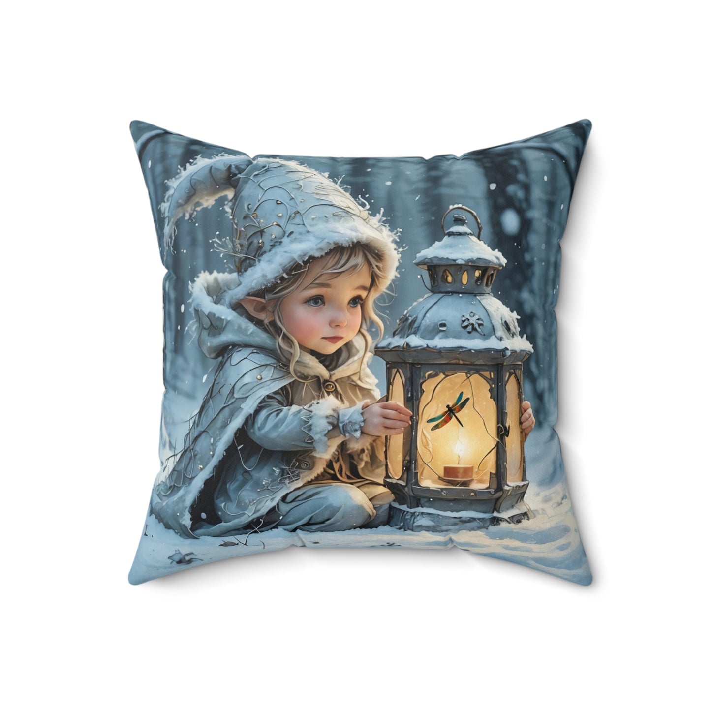 Square Pillow Winter Fairy Elf Dragonfly Lantern Art