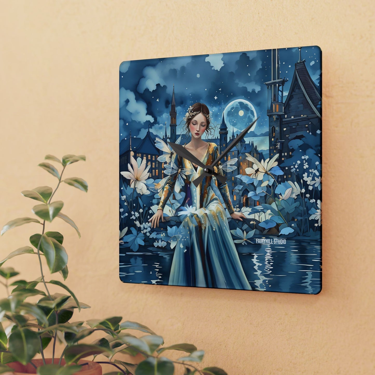 Acrylic Wall Clock Beauty in Blue with dragonflies /Art