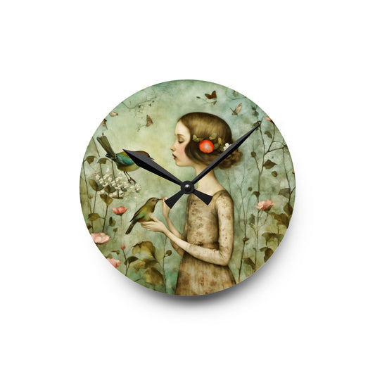 Acrylic Wall Clock - Meditative Girl with Song Birds Artwork
