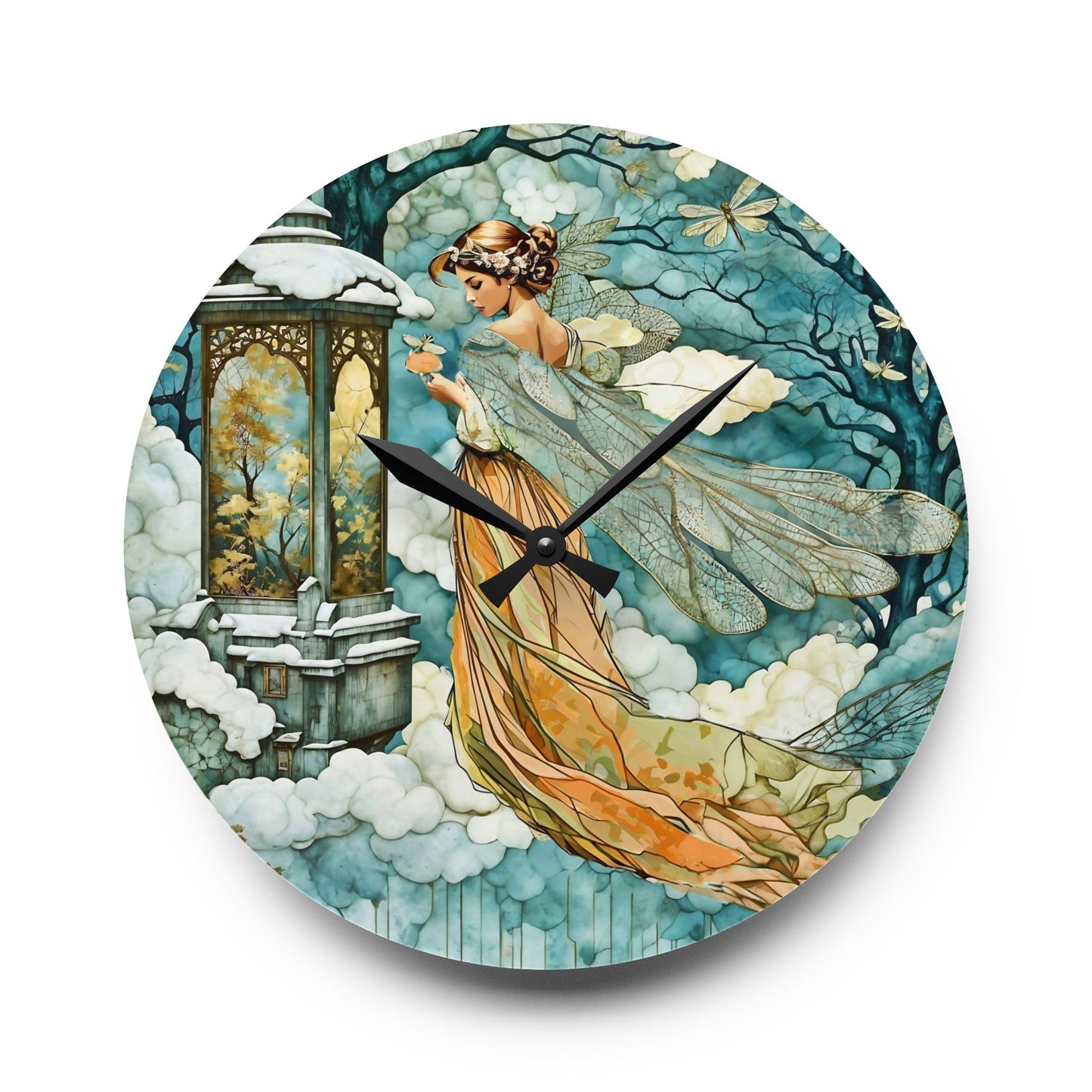 Wall Clock Winter Snow Fairy Angel Lantern Art