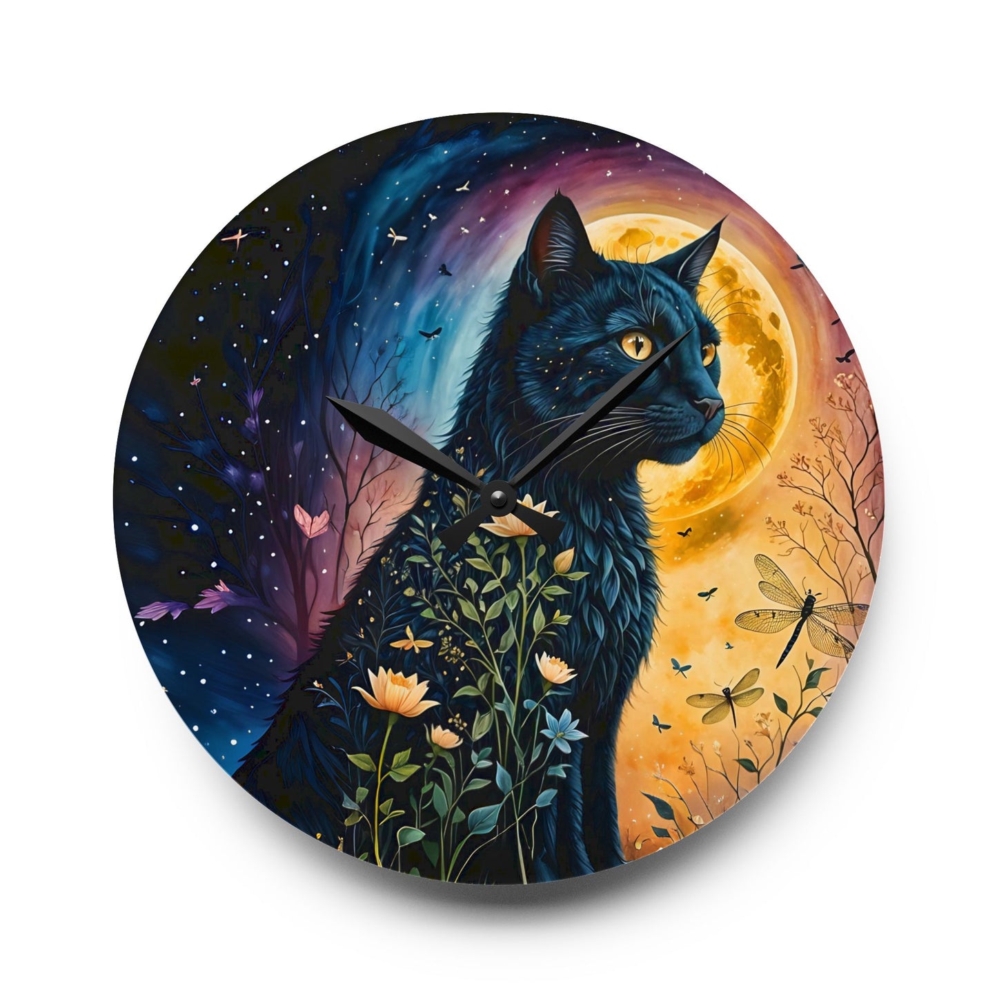 Acrylic Wall Clock - Black Cat Night Flowers Dragonflies Beautiful Art