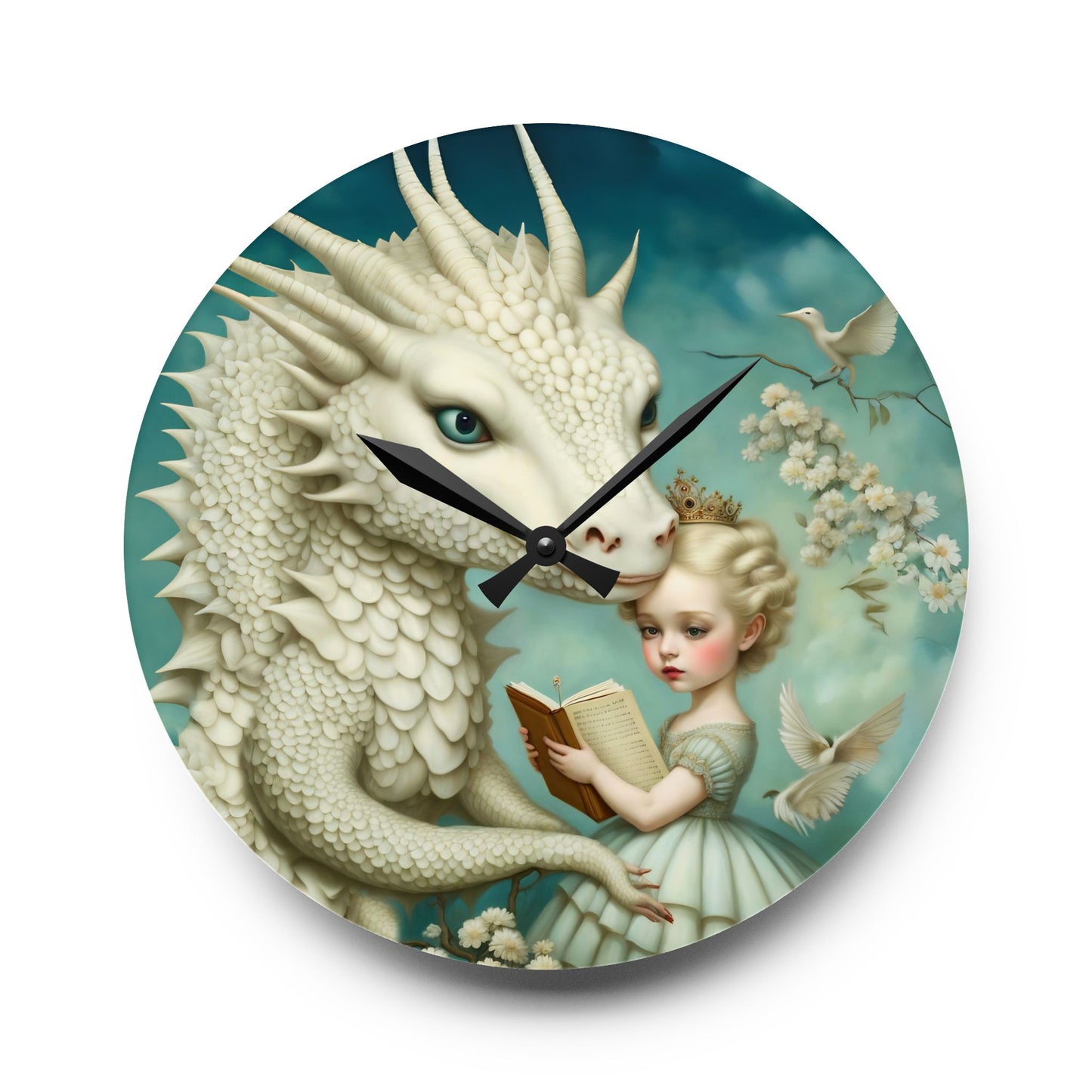 Acrylic Wall Clock Girl with a White Dragon Art