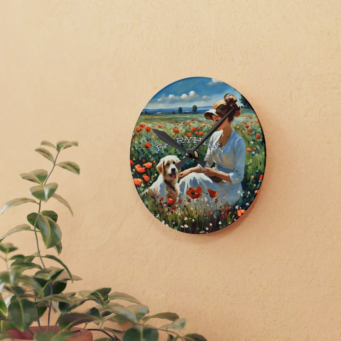 Acrylic Wall Clock - Lady with Dog in Flower Field Art by Fairyhill Studio