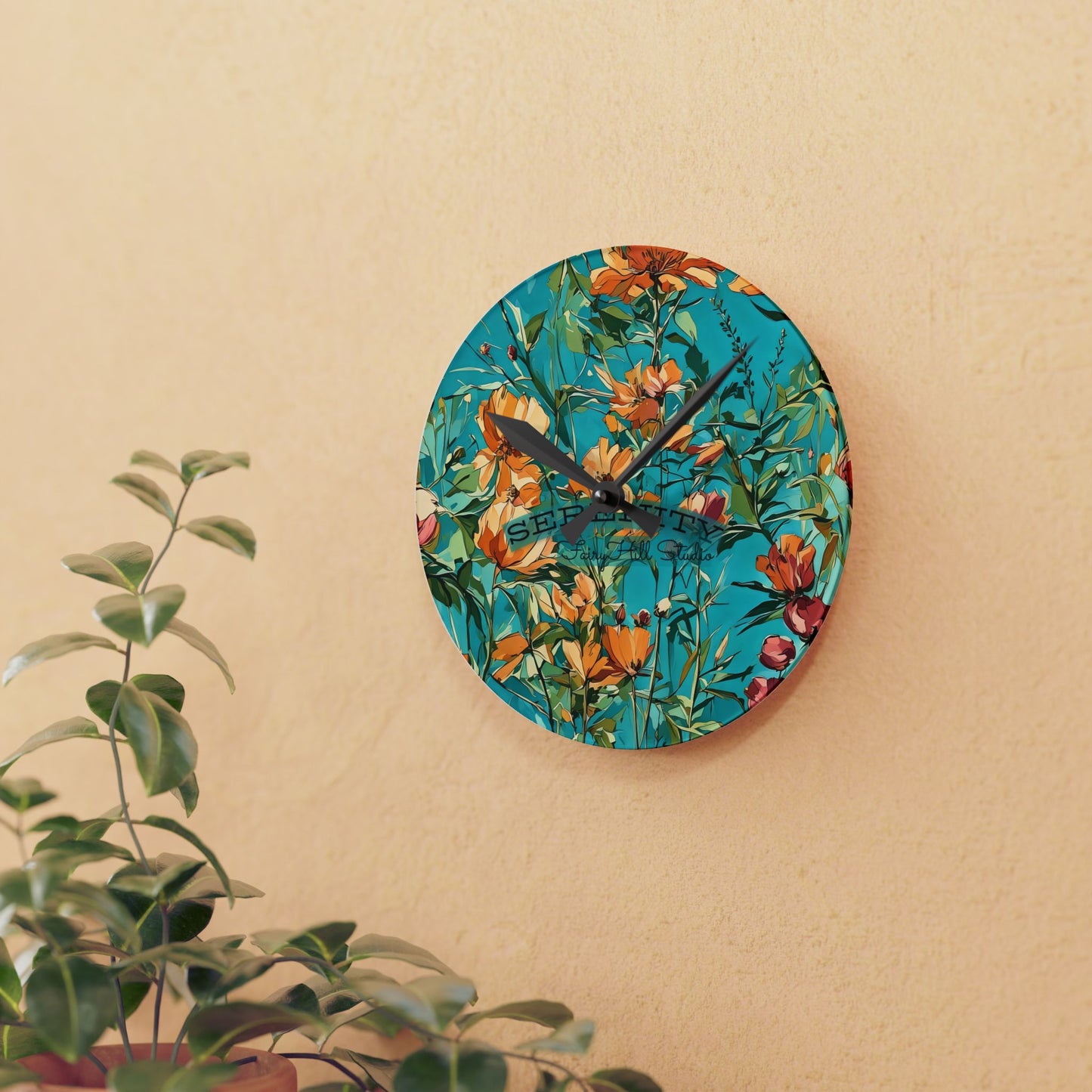 Acrylic Wall Clock blue orange wild flowers