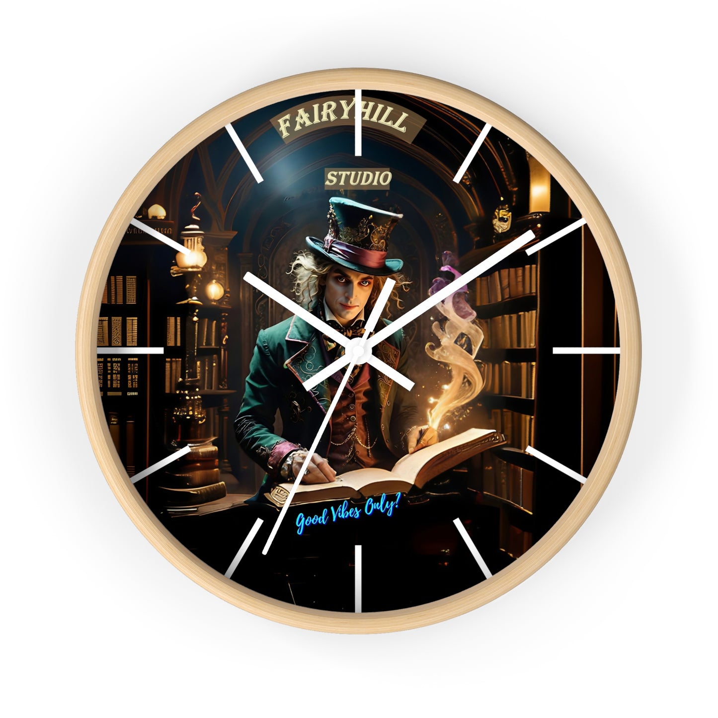 Wall Clock - "Good Vibes Only" Mad Hatter with Books