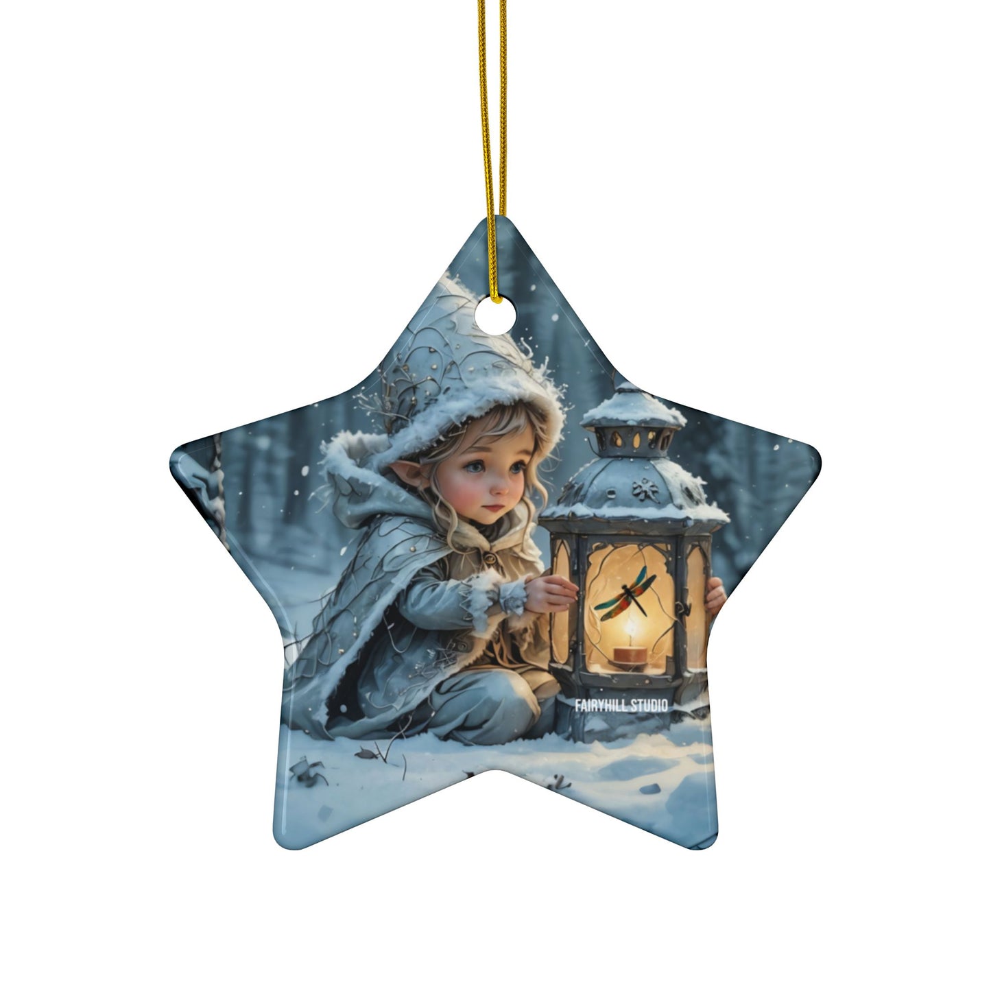 Ceramic Ornaments - Magical Holiday Elf with Dragonfly Lantern Art