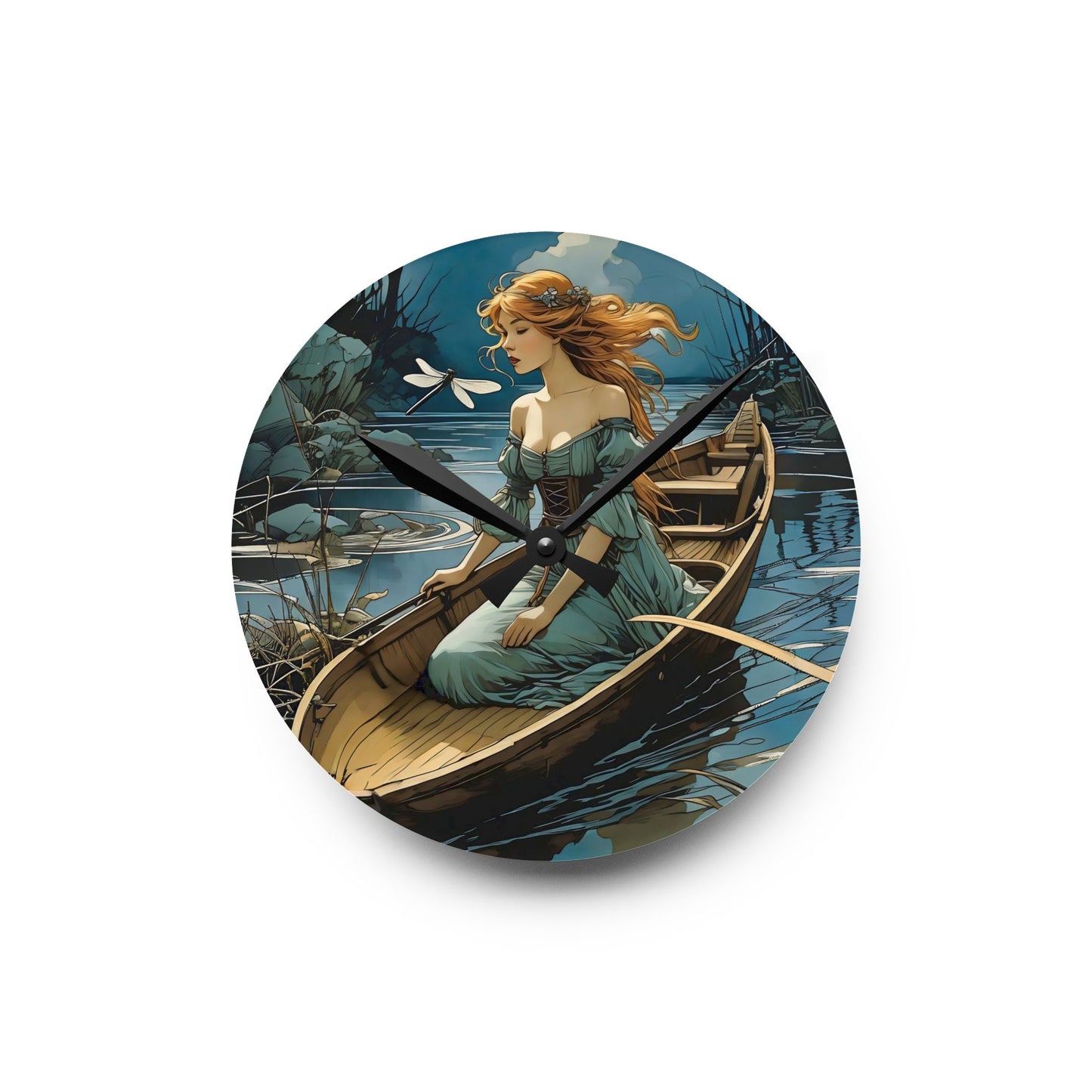 Acrylic Wall Clock Woman in a boat with a Dragonfly