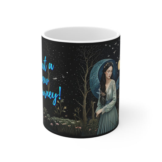 Mug 11oz 'Start a new journey' Woman in Night Garden with Butterflies
