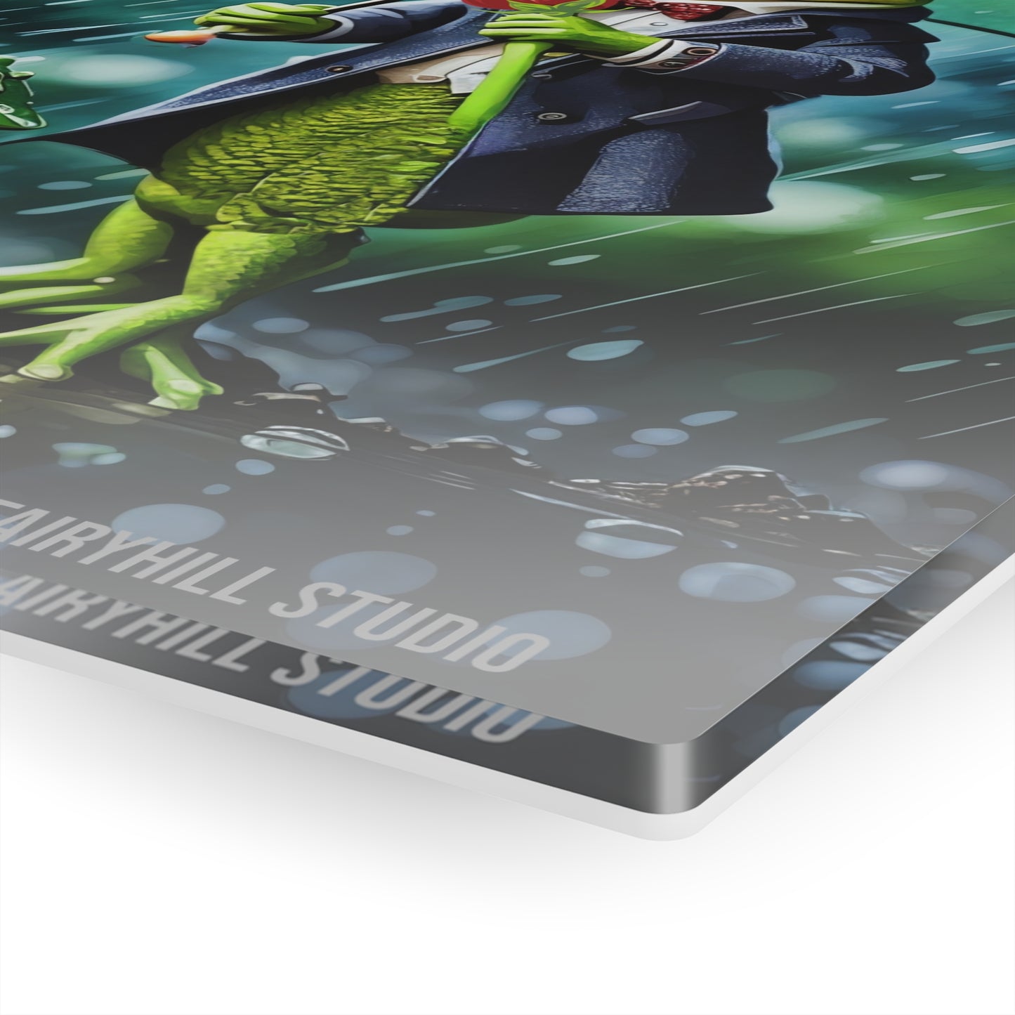 Acrylic Print - Cute Frog with Umbrella and Rose Waiting Under the Rain Wall Art