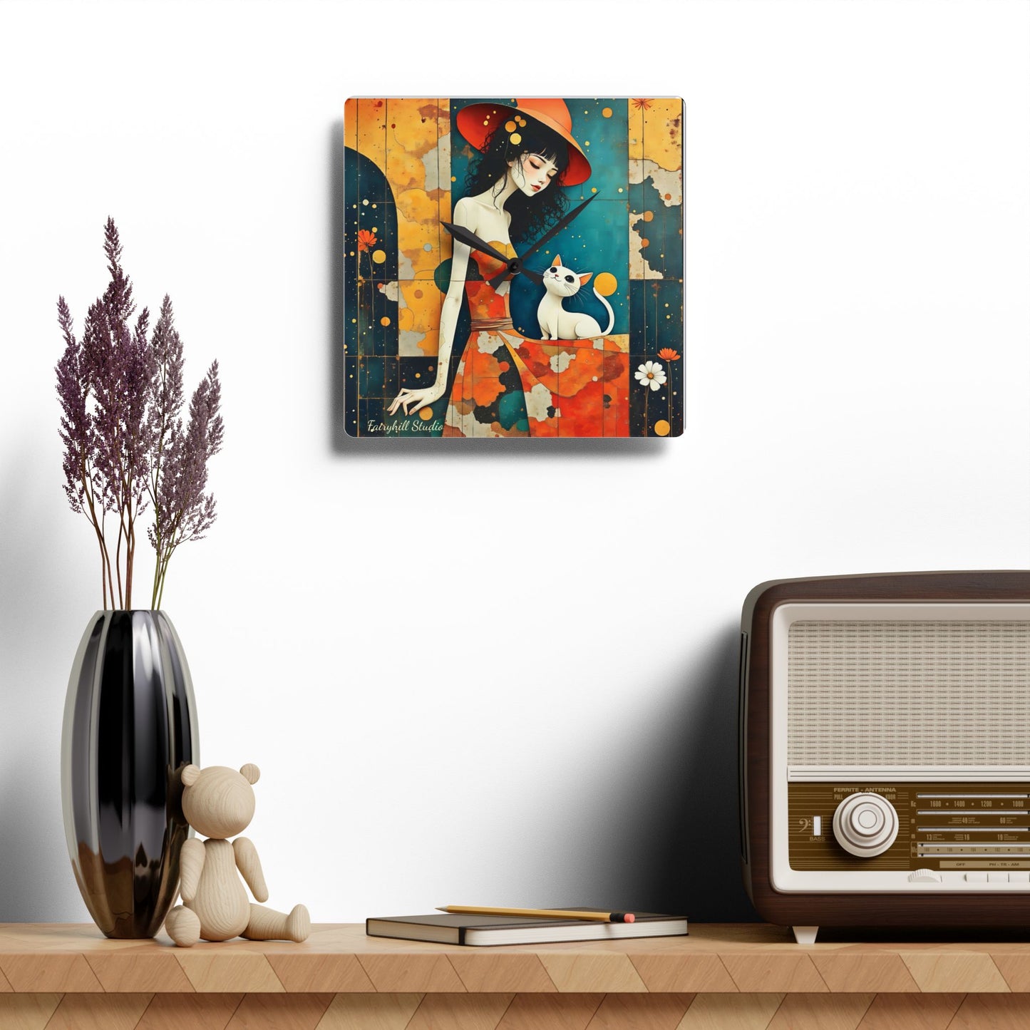 Witch with white cat Acrylic Wall Clock