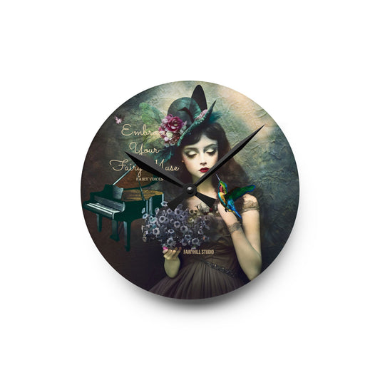 Wall Clock - Fairy Muse Girl with Hat and Hummingbird Art