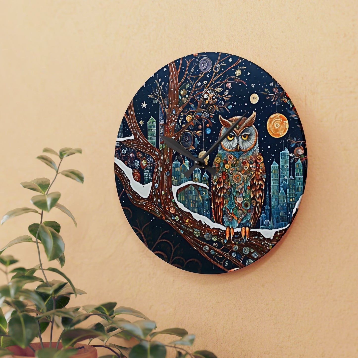 Winter Snow Owl Acrylic Wall Clock