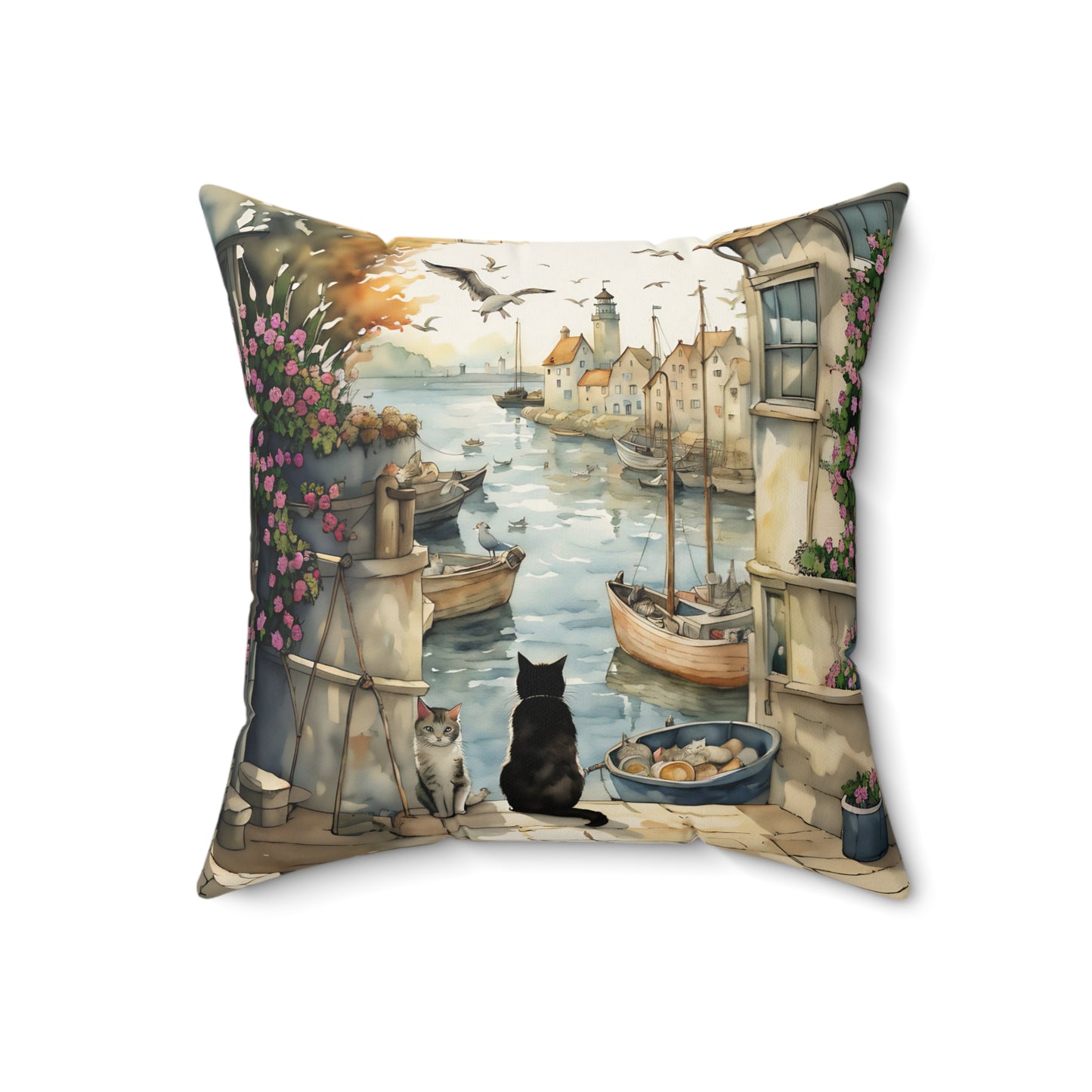 Harbour Cats Square Pillow - by Fairyhill Studio