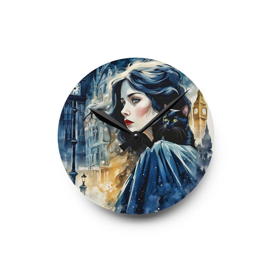 Acrylic Wall Clock - Woman with cat london Art