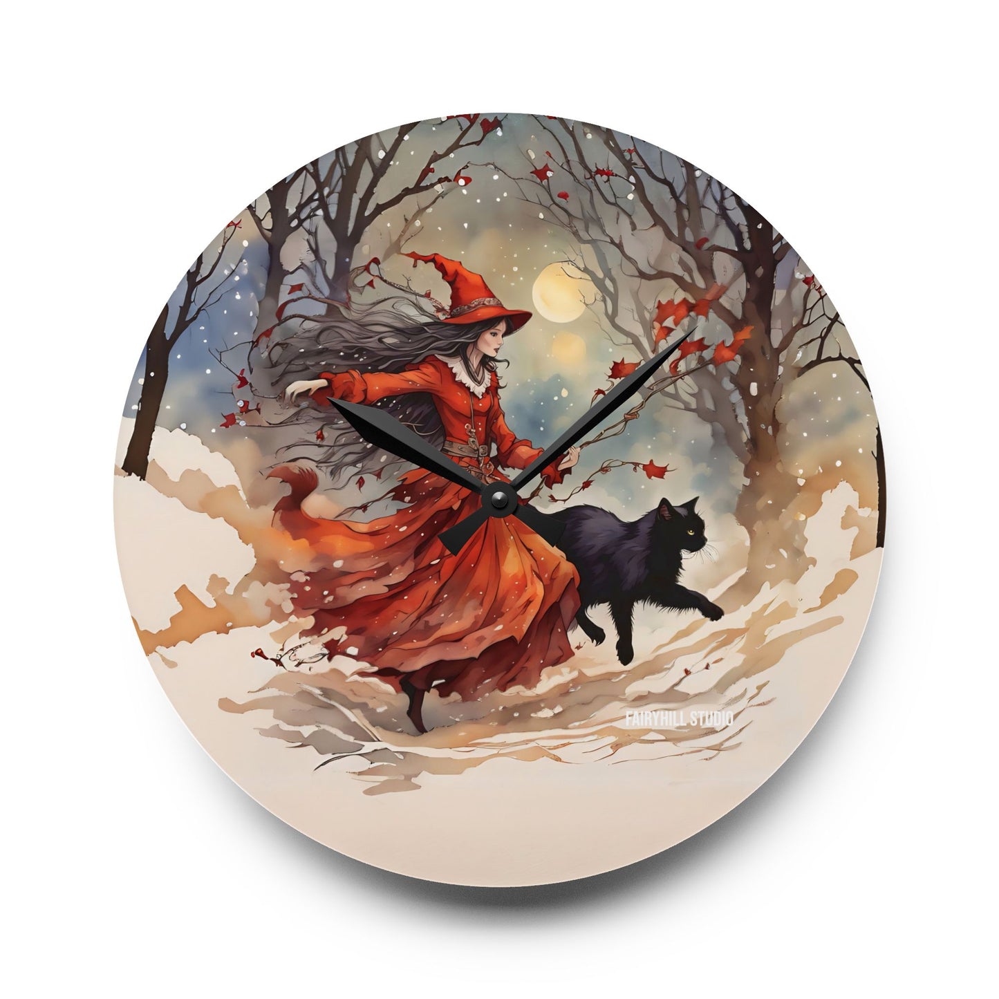 Acrylic Wall ClockThe Crimson Witch and black cat /Art