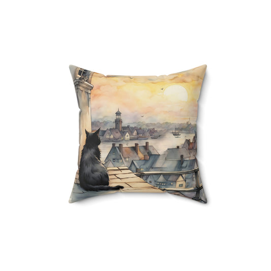 Black cat on a rooftop Square Pillow - by Fairyhill Studio