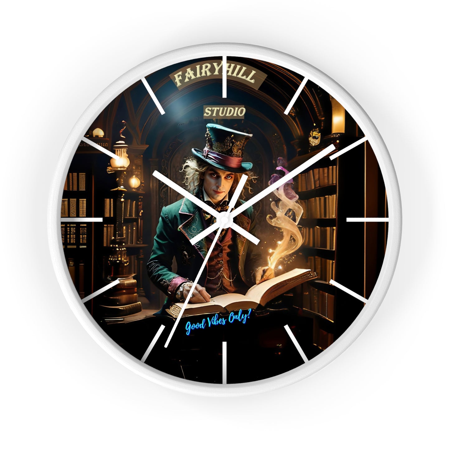 Wall Clock - "Good Vibes Only" Mad Hatter with Books