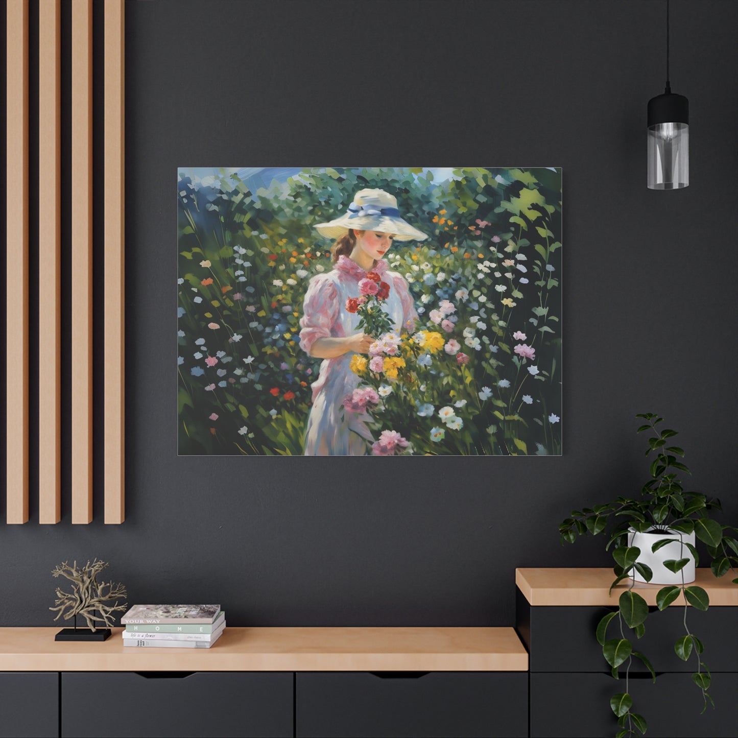 Canvas Art - Monet Style Floral Serenity with Elegant Woman and Flower Basket, Stretched Matte 1 25"