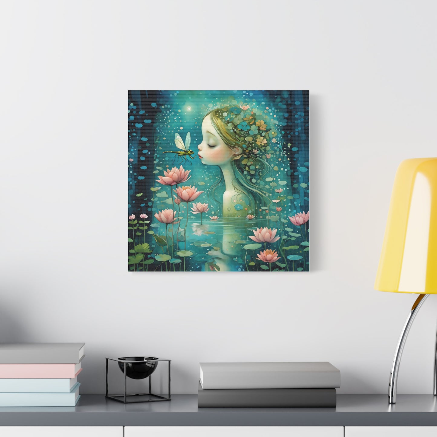 Whimsical Water  Fairy with a dragonfly Canvas Art - Enchanting Home Decor for Nature Lovers