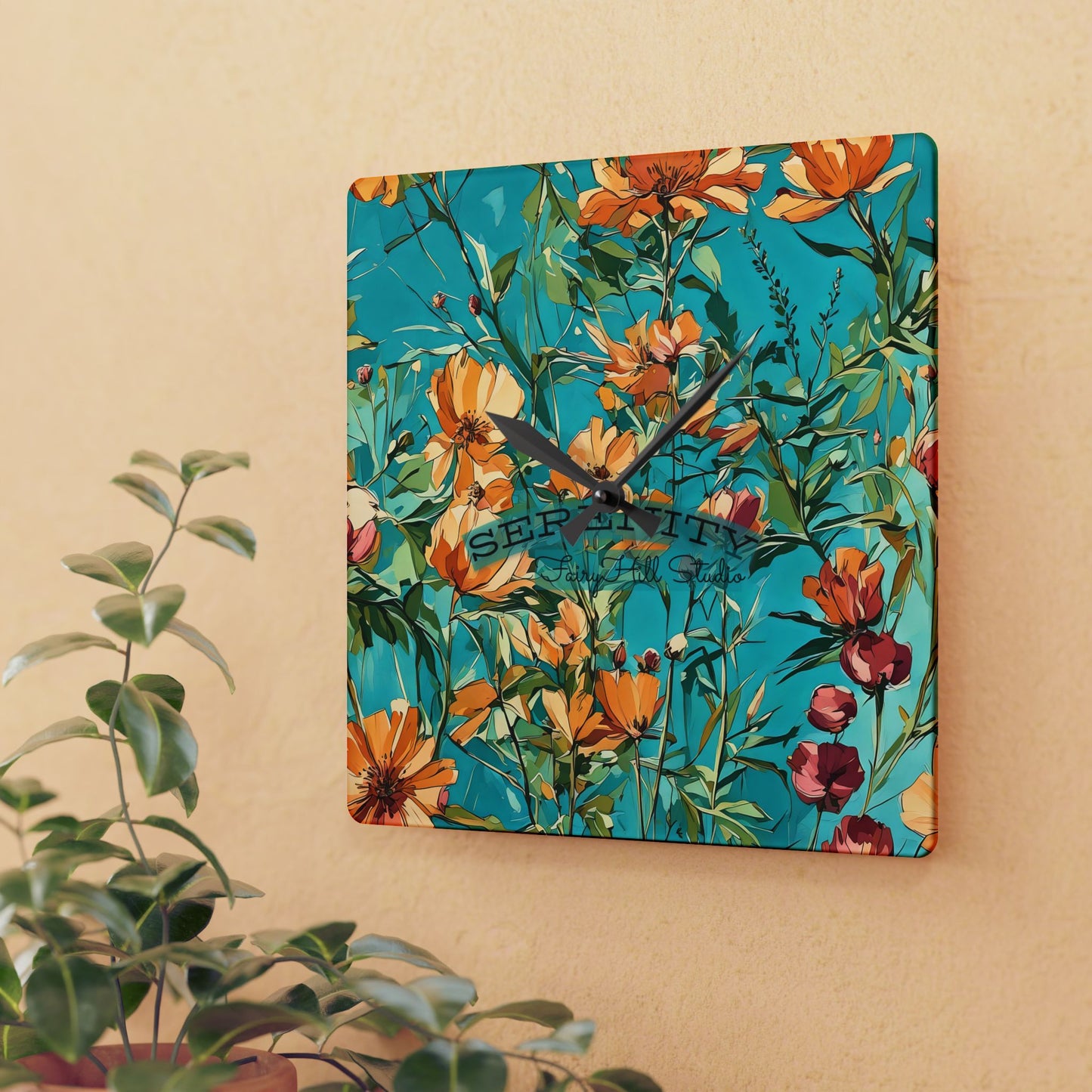 Acrylic Wall Clock blue orange wild flowers
