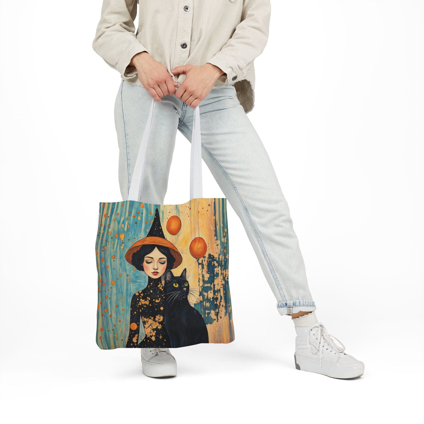 Colorful Witch and black cat-Inspired Canvas Tote Bag - Perfect for Beach Days, Eco-Friendly Shopping, and Summer Fun!