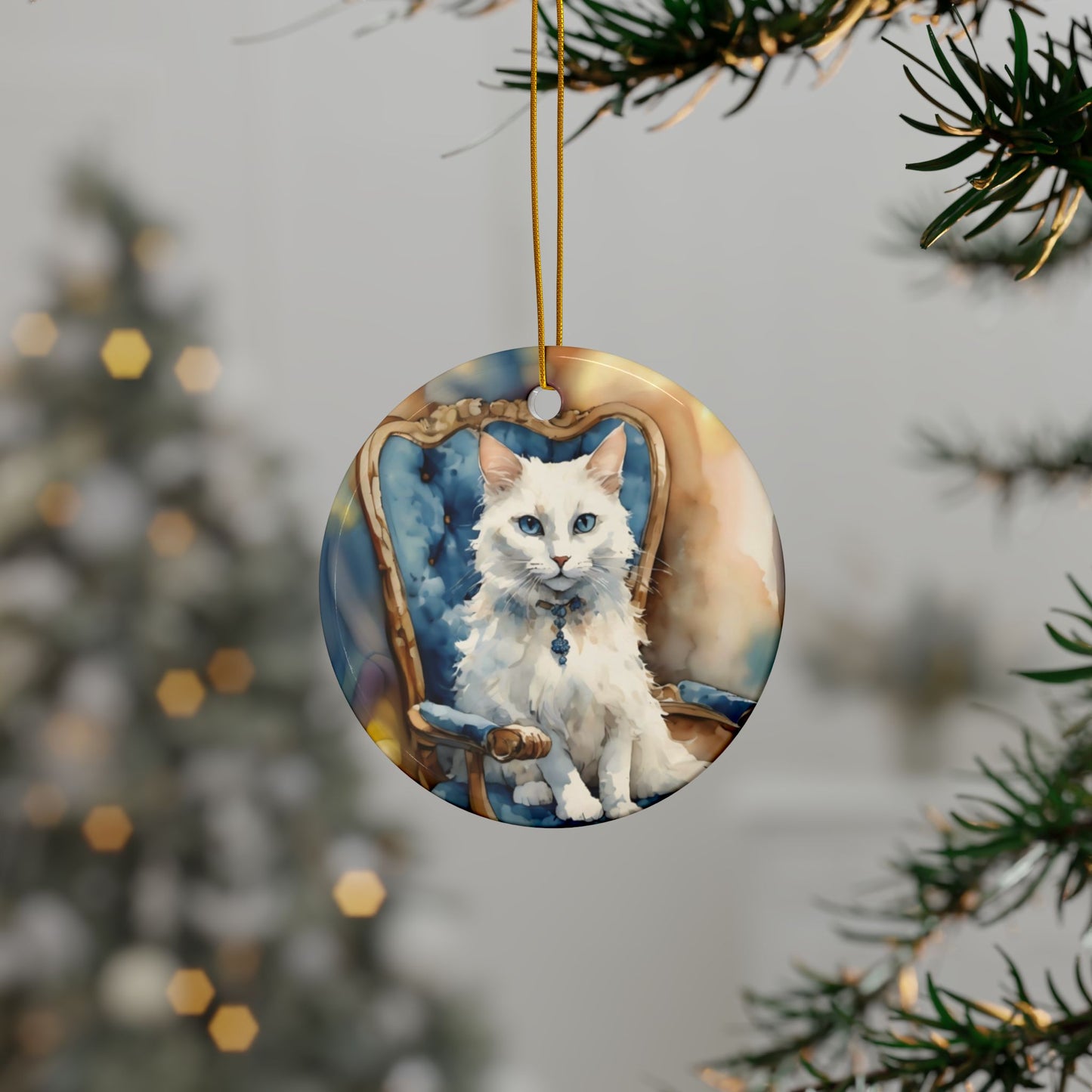 Ceramic Ornaments - White Cat on Blue Chair - 2-Side Print - Holiday Decor
