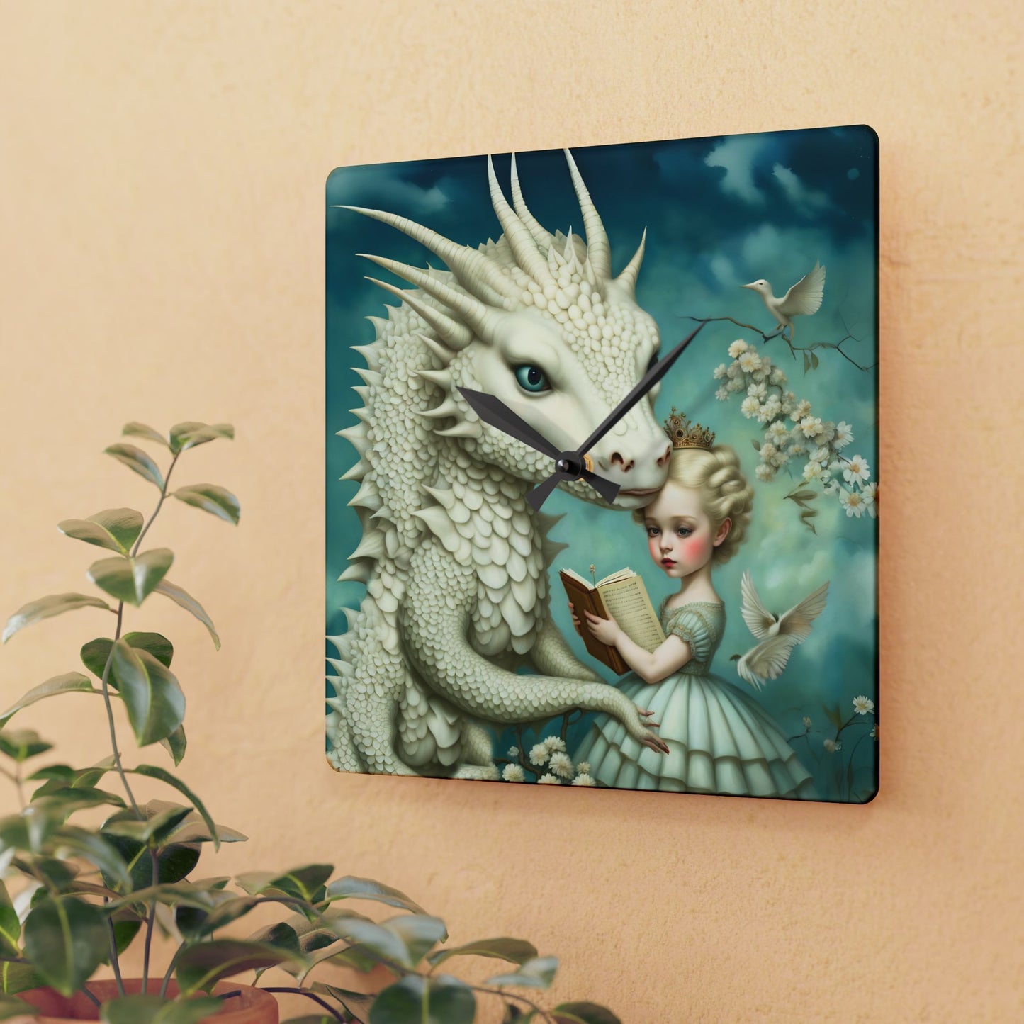 Acrylic Wall Clock Girl with a White Dragon Art